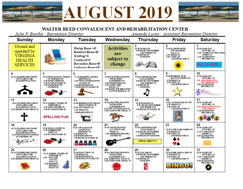 Walter Reed august calendar Virginia Health Services